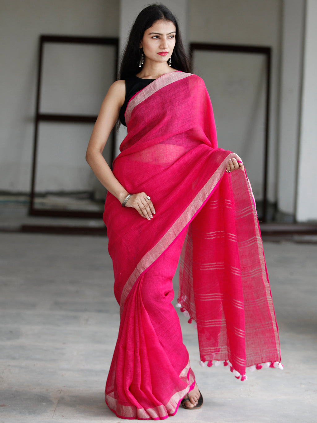 Linen Slub Peach Pink with Silver Border Wrap in 1 minute saree