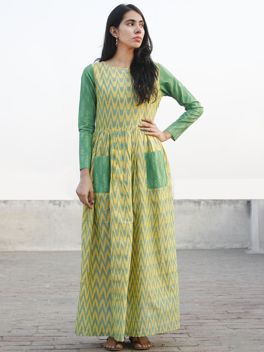 Yellow Green Hand Woven Mercerized Cotton Ikat Dress With Pockets - D173F831