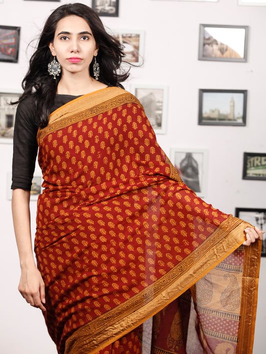 Maroon Rust Orange Black Bagh Printed Maheshwari Cotton Saree - S031703319