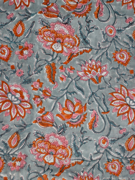 Pastel Grey Orange Pink Hand Block Printed Modal Cotton Fabric Per Meter - F001F1846