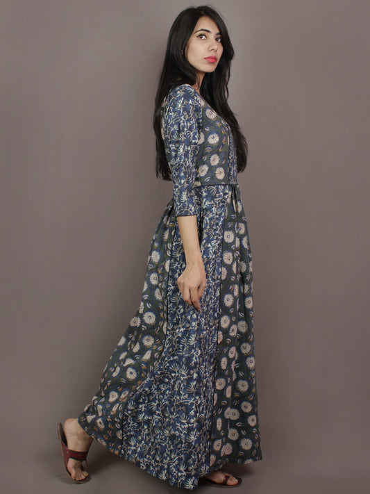 Indigo Basil Green Beige Ivory Hand Block Printed Long Princess Line Cotton Dress With Pockets - D2740301