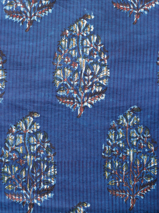 Indigo Mustard Rust Hand Block Printed Cotton Fabric Per Meter - F001F1835