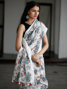 White Blue Pink Grey Printed Handwoven Linen Saree With Zari Border & Tassels - S031703763
