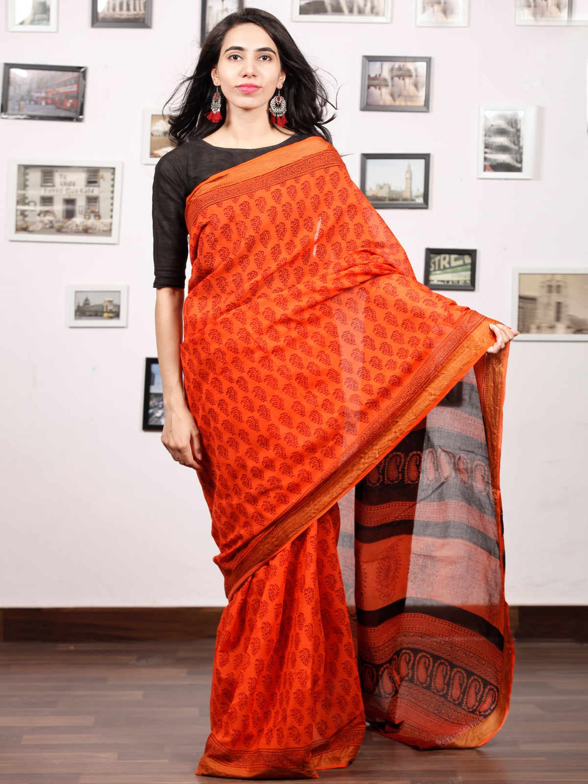 Orange Maroon Black Bagh Printed Maheshwari Cotton Saree - S031703331