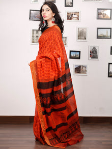 Orange Maroon Black Bagh Printed Maheshwari Cotton Saree - S031703331