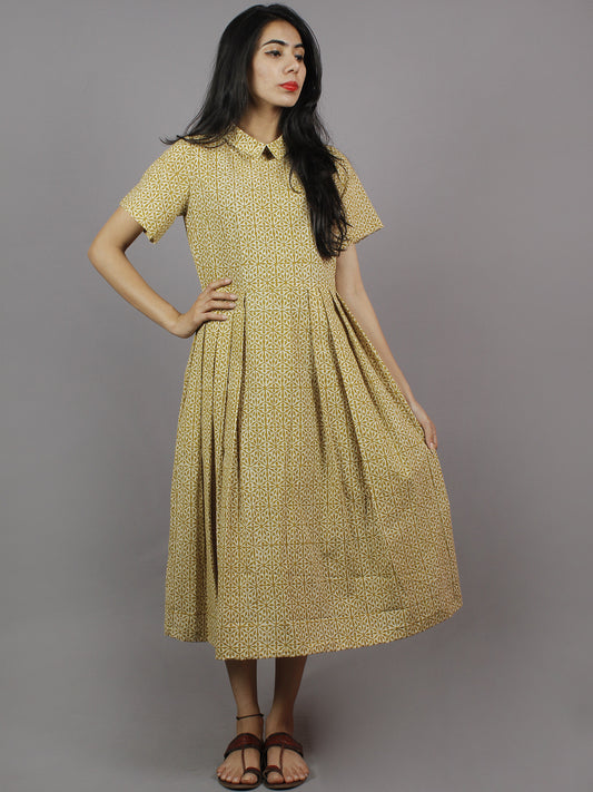 Mustard Yellow & Ivory Hand Block Cotton Dress With Knife Pleats & Side Pockets- D3942901