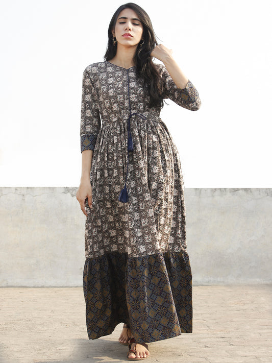 Grey Black Ivory Indigo Red Blue Hand Block Printed Long Cotton Dress  -  D170F770