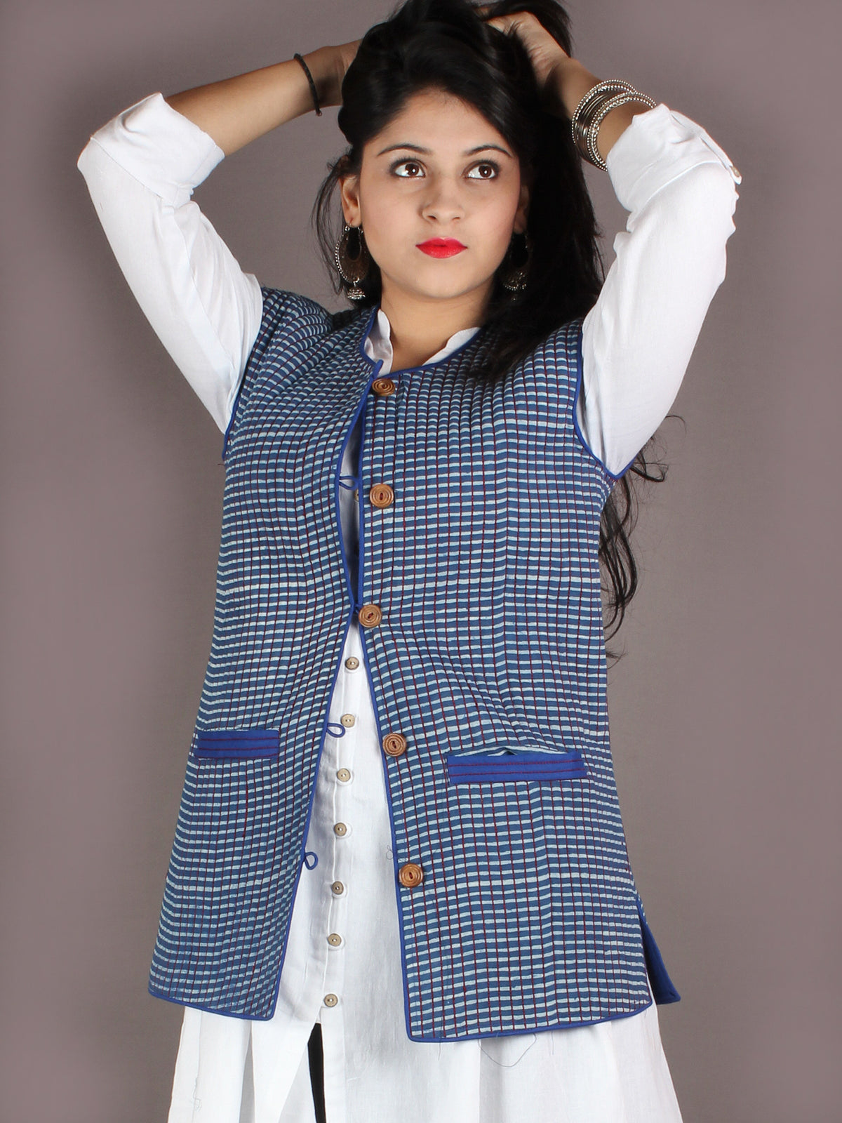 Indigo White Hand Block Dabu Printed Jacket With Anchor Embroidery - J0103605