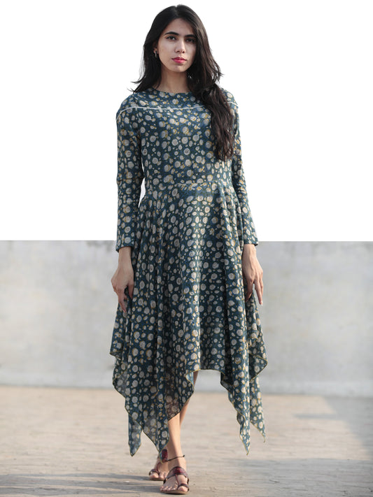 Green Blue Mustard Ivory Hand Block Cotton Asymmetrical Dress With Lace Details  - D218F886