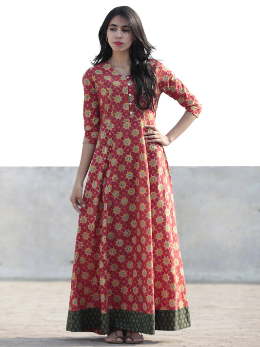 Coral Yellow Green Hand Block Printed Cotton Long Dress With Tie-Up Back Waist - D162F1092