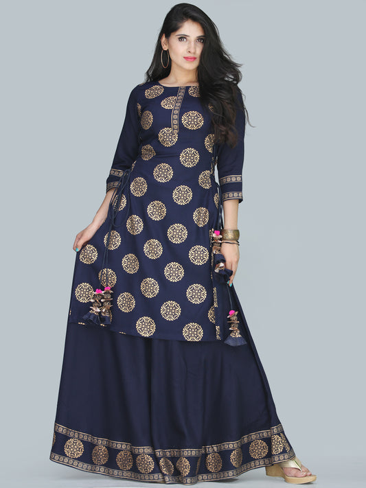 Naaz Aalia - Indigo Gold Block Print Kurta & Skirt Dress With Tassels - D380FXXXX