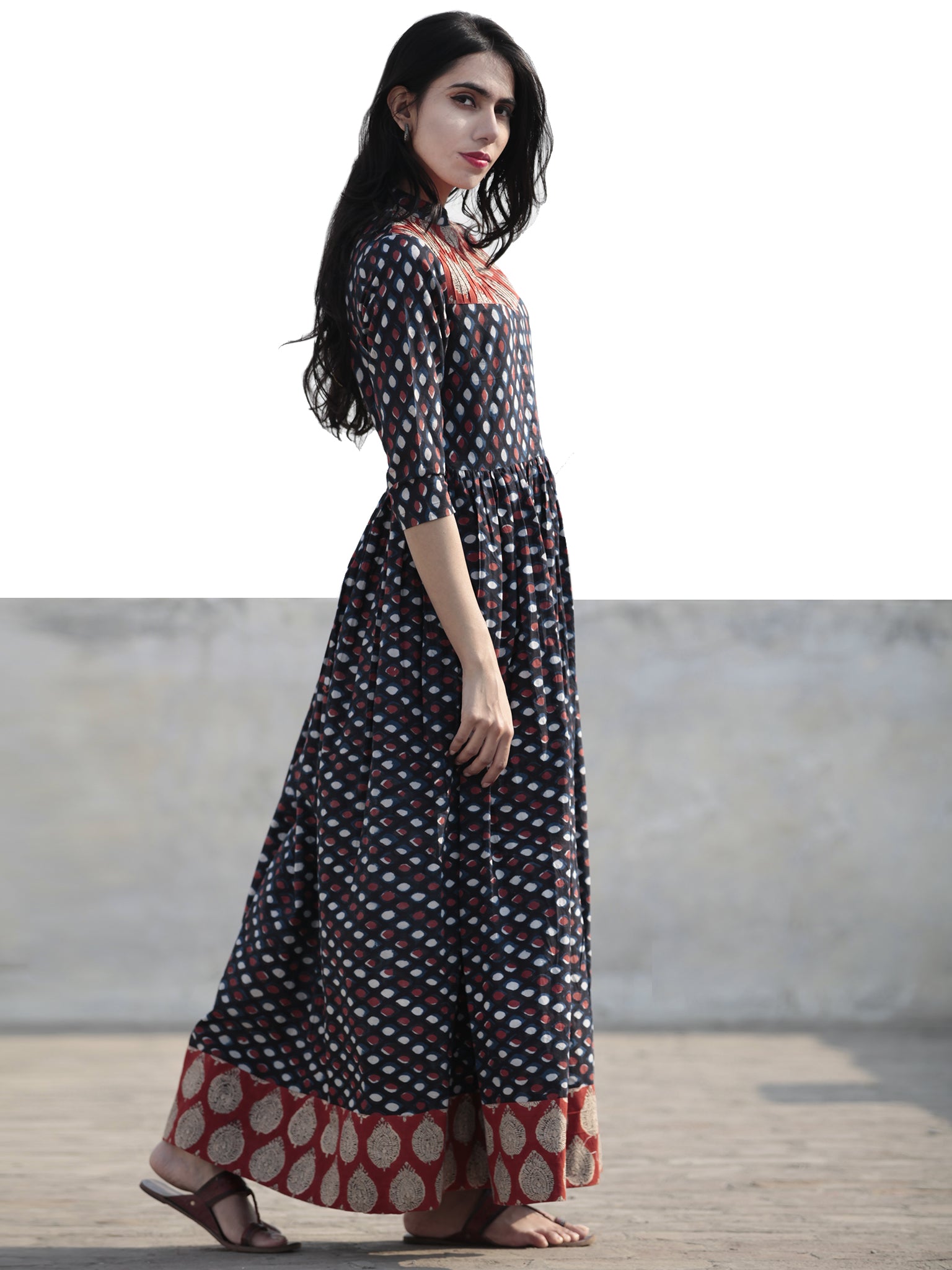 Indigo Red White Ivory Hand Block Printed Long Cotton Dress With Stand ...