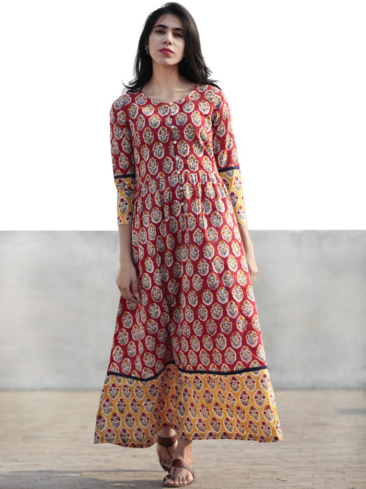 Red Yellow Indigo Green Ivory Long Hand Block Cotton Dress  - D217F774