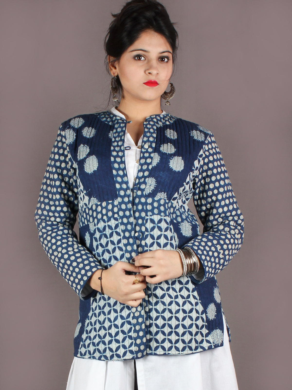 Indigo White Hand Block Dabu Printed Jacket With Anchor Embroidery - J0144907