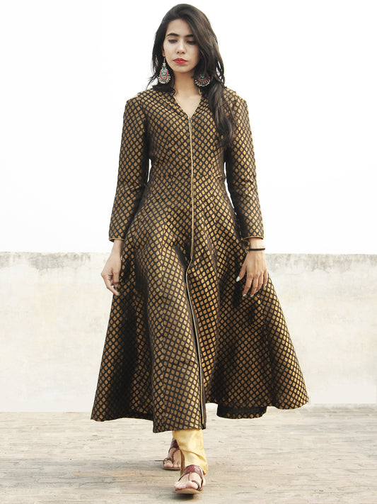 Black Golden Brocade Kurta With Front Slit And Cold Shoulder - D134F001