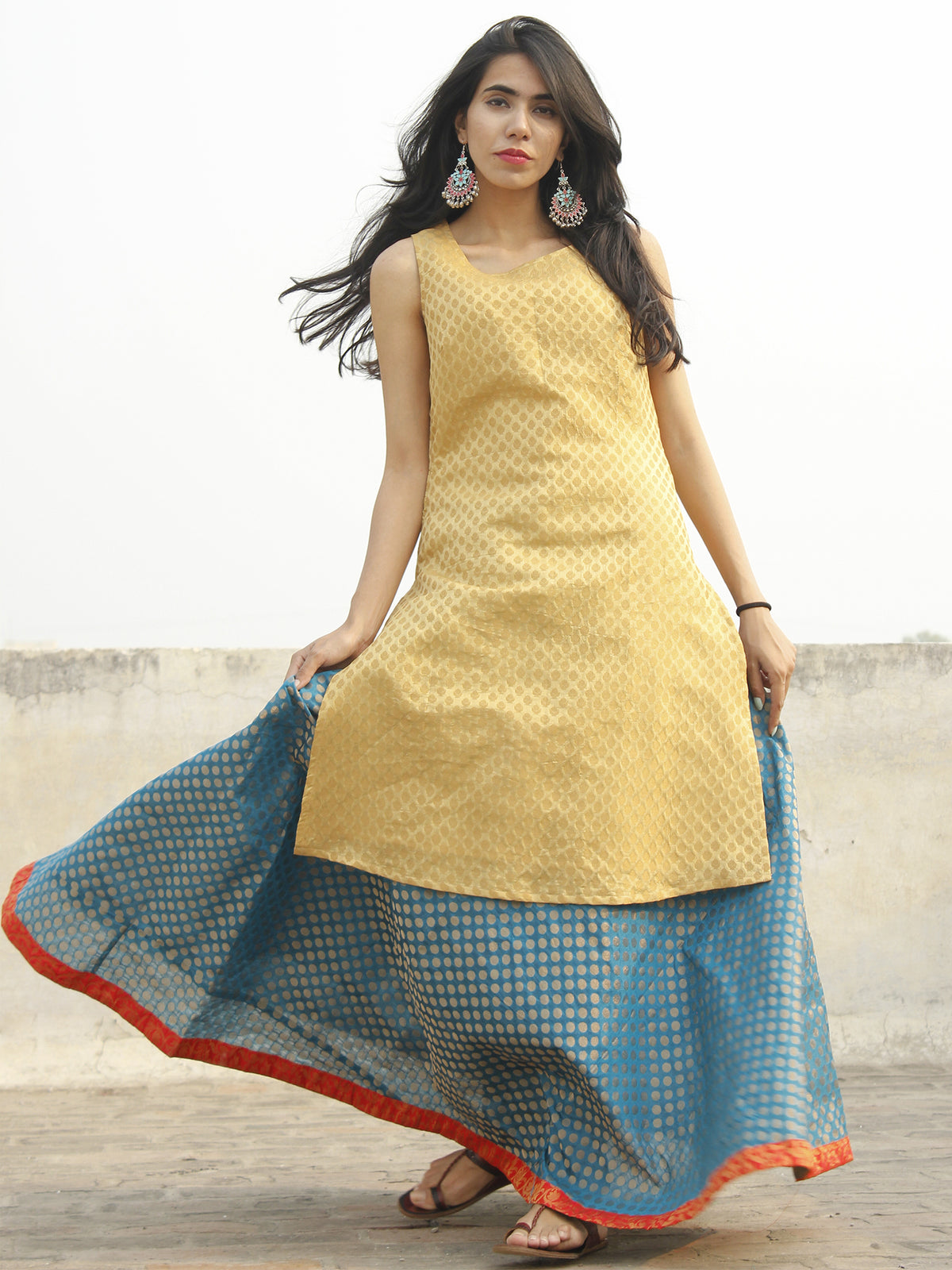 Golden Kurta with Cerulean Blue Skirt with Red Border (Set of two) - D131F001