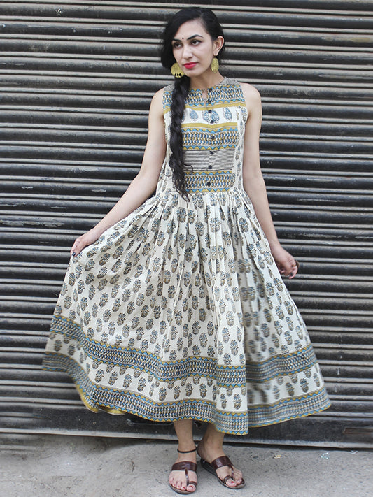 Naaz Beige Blue Mustard Black Hand Block Printed Sleeveless Cotton Dress With Gather & Lining - DS09F001