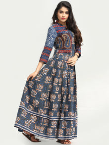 Naaz Roheen - Hand Block Printed Long Cotton Box Pleated Embroidered Jacket Dress - DS98F003