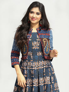 Naaz Roheen - Hand Block Printed Long Cotton Box Pleated Embroidered Jacket Dress - DS98F003