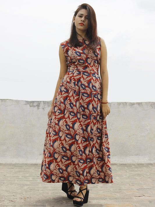 Red Beige Indigo Black Long Sleeveless Hand Block Printed Cotton Dress With Knife Pleats & Side Pockets - D32F986