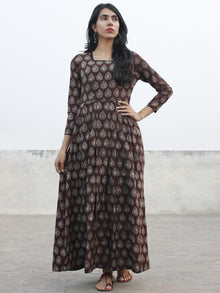 Chocolate Brown Beige Ivory Long Hand Block Cotton Dress With Knife Pleats  - D167F983