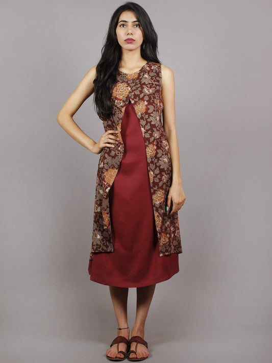 Maroon Brown Black Hand Block Printed Cotton & Rayon Sleeveless Dress  - D4361201