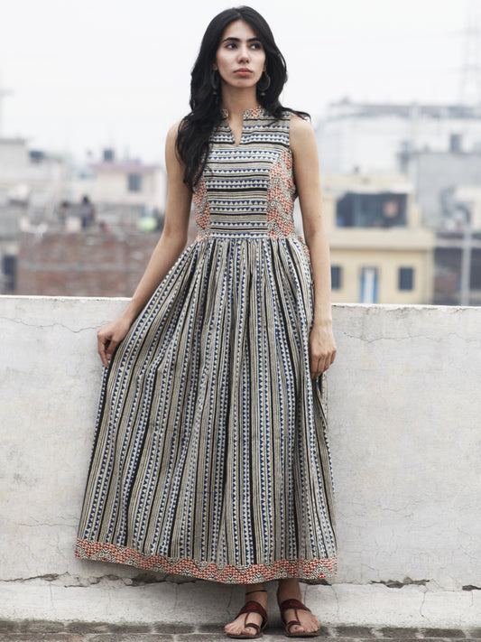 Beige Blue Maroon Black Long Sleeveless Hand Block Printed Cotton Dress With Gathers & Side Pockets - D72F591