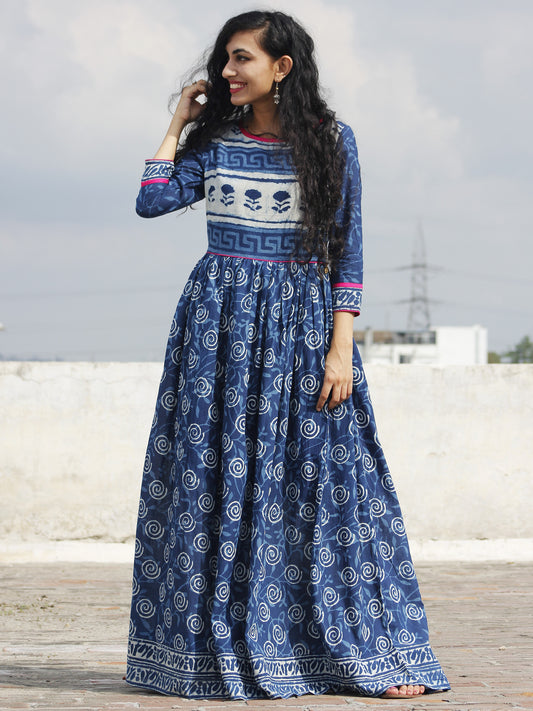 Naaz Indigo Ivory Magenta Hand Block Printed Long Dress With Gathers -  DS16F001