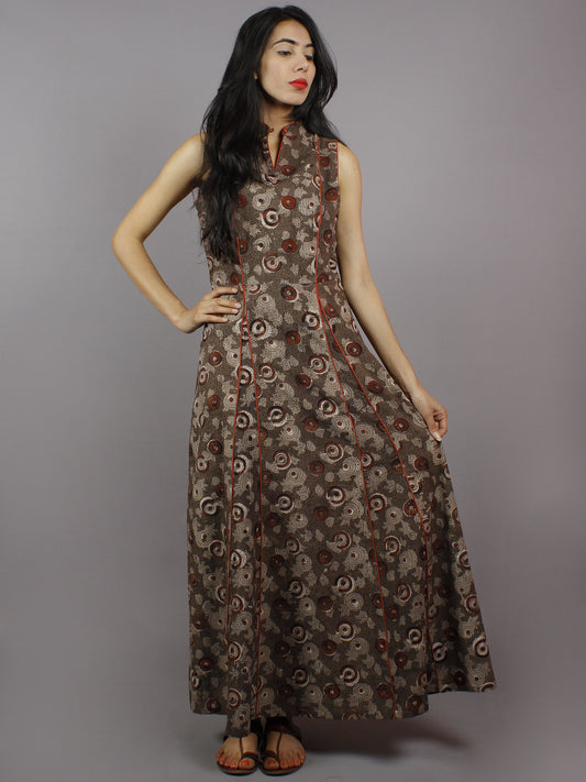 Brown Kashish Rust Hand Block Printed Princess Line Stand Collar Dress - D40F893