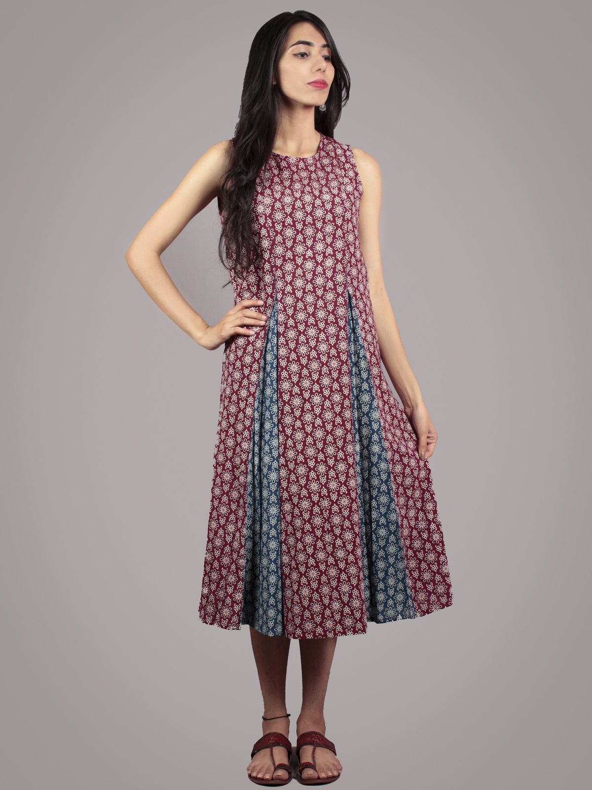 Plum, Indigo, Black, Ivory Hand Block Ajrakh Printed Cotton Sleeveless Dress  - D5767801