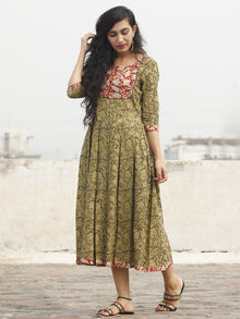 Olive Black Red Beige Hand Block Printed Cotton Dress With Box Pleats and Side Pockets- D70F248