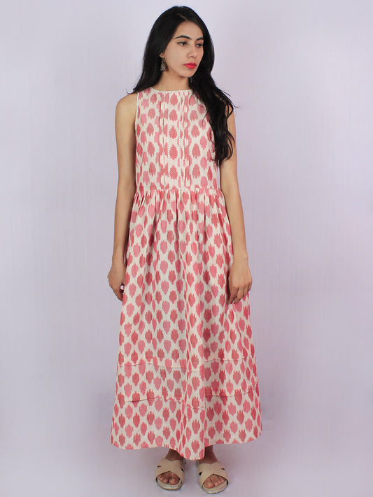 Pink Ivory Ikat Handwoven Long Cotton Sleeveless Pleated Dress With Lace Insert - D2857301