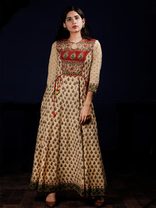 Naaz Beige Rust Green Black Hand Block Printed Long Cotton Kali Dress With Tassels - DS58F001