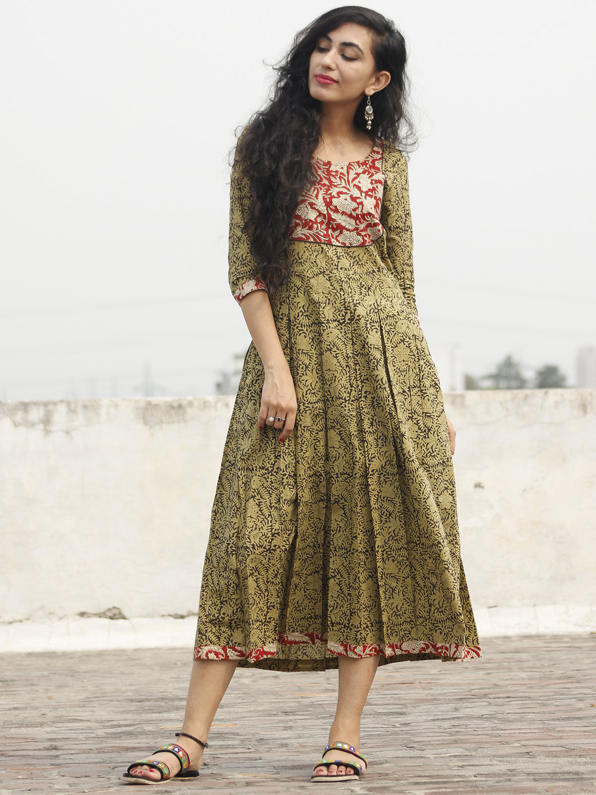 Olive Black Red Beige Hand Block Printed Cotton Dress With Box Pleats and Side Pockets- D70F248