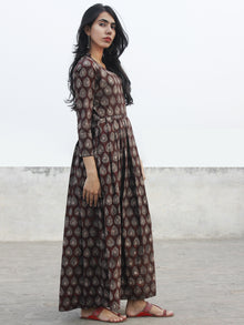 Chocolate Brown Beige Ivory Long Hand Block Cotton Dress With Knife Pleats  - D167F983