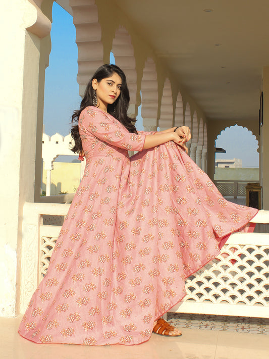 Mahek - Pink Grey Coral Block Printed Urave Cut Long Dress With Tie Up Deep Back - D395F2154