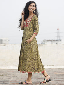 Olive Black Red Beige Hand Block Printed Cotton Dress With Box Pleats and Side Pockets- D70F248