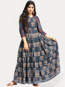 Naaz Roheen - Hand Block Printed Long Cotton Box Pleated Embroidered Jacket Dress - DS98F003