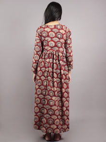 Red Beige Blue Black Hand Block Printed Cotton Dress With Box Pleats - D5958701