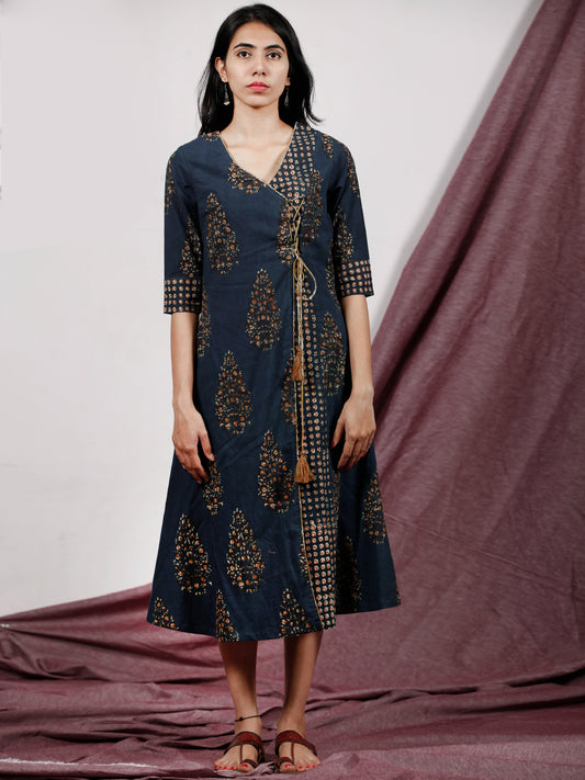 Indigo Mustard Brown Hand Block Printed Dress With Angrakha Style - D232F1315