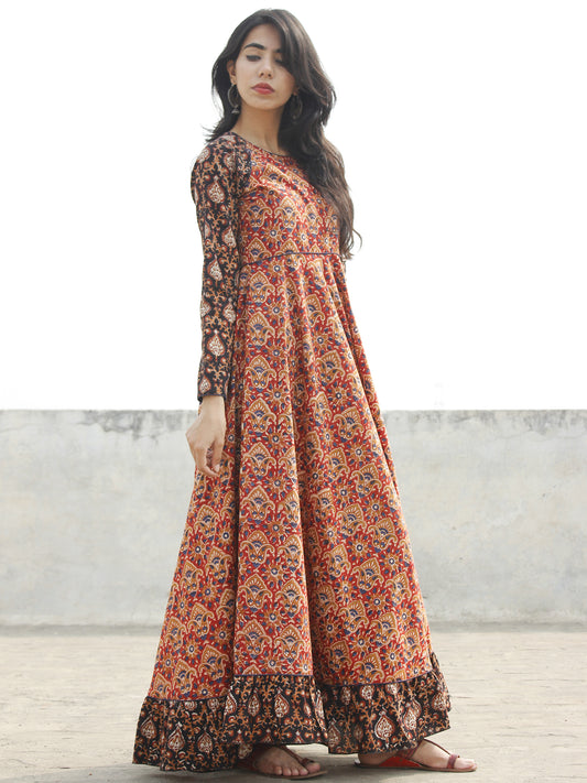 Red Black Mustard Indigo Ivory  Long Hand Block Printed Cotton Dress With Frills  - D06F888