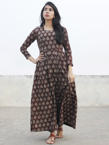 Chocolate Brown Beige Ivory Long Hand Block Cotton Dress With Knife Pleats  - D167F983