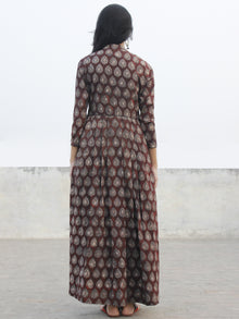 Chocolate Brown Beige Ivory Long Hand Block Cotton Dress With Knife Pleats  - D167F983