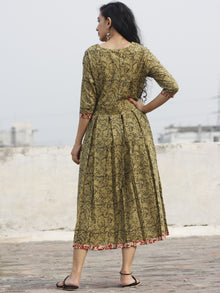 Olive Black Red Beige Hand Block Printed Cotton Dress With Box Pleats and Side Pockets- D70F248