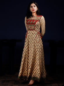 Naaz Beige Rust Green Black Hand Block Printed Long Cotton Kali Dress With Tassels - DS58F001