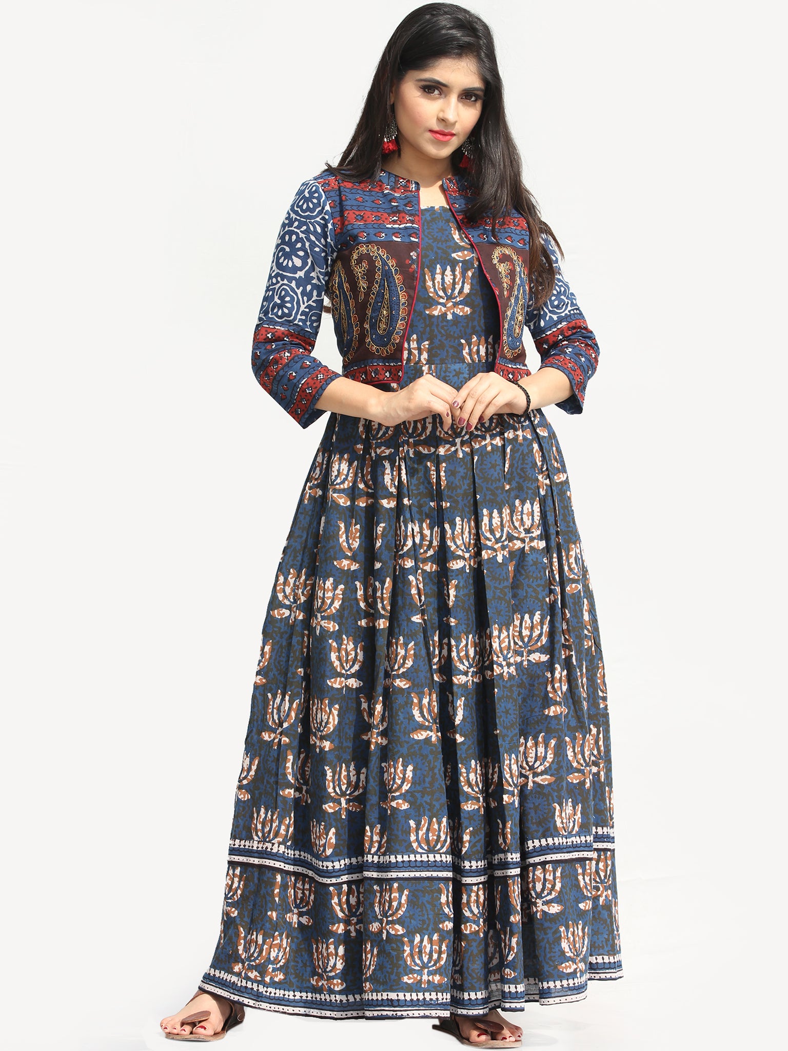 Naaz Roheen - Hand Block Printed Long Cotton Box Pleated Embroidered J ...
