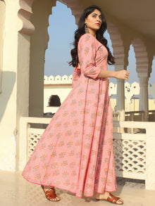 Mahek - Pink Grey Coral Block Printed Urave Cut Long Dress With Tie Up Deep Back - D395F2154