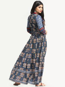 Naaz Roheen - Hand Block Printed Long Cotton Box Pleated Embroidered Jacket Dress - DS98F003