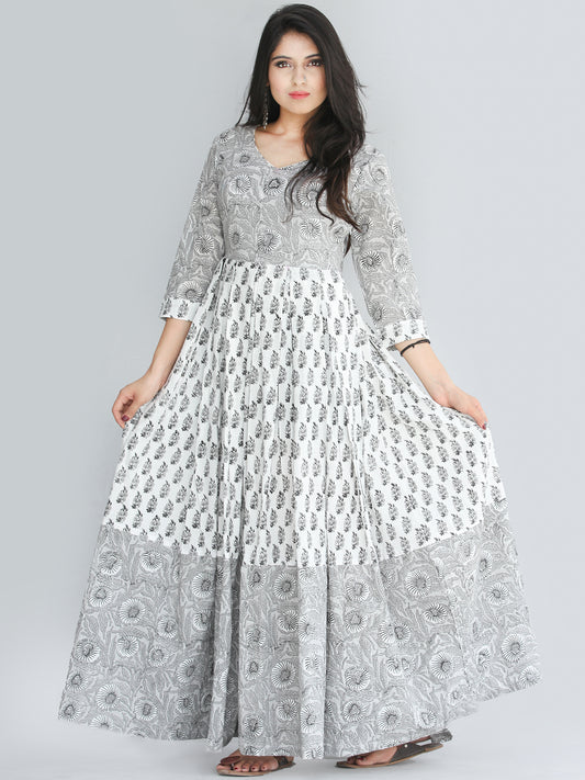 Saima - Grey Black White Hand Block Printed Box Pleated Long Dress - D398F2240