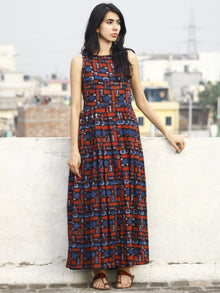 Indigo Red White Long Sleeveless Hand Block Printed Cotton Dress With Knife Pleats & Side Pockets - D32F601